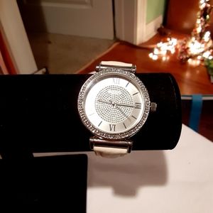 Boyfriend watch with crystal outline white band